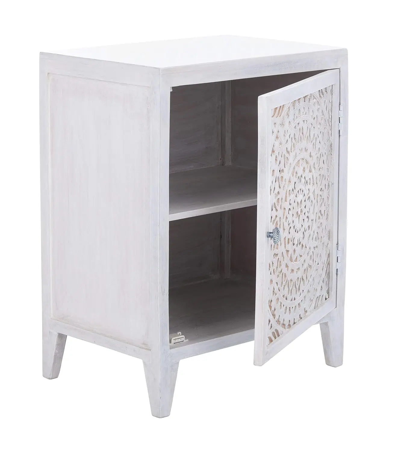 Carved Mango Wood Single Door Nightstand Brown Artisan Bedroom Side Table, Customized