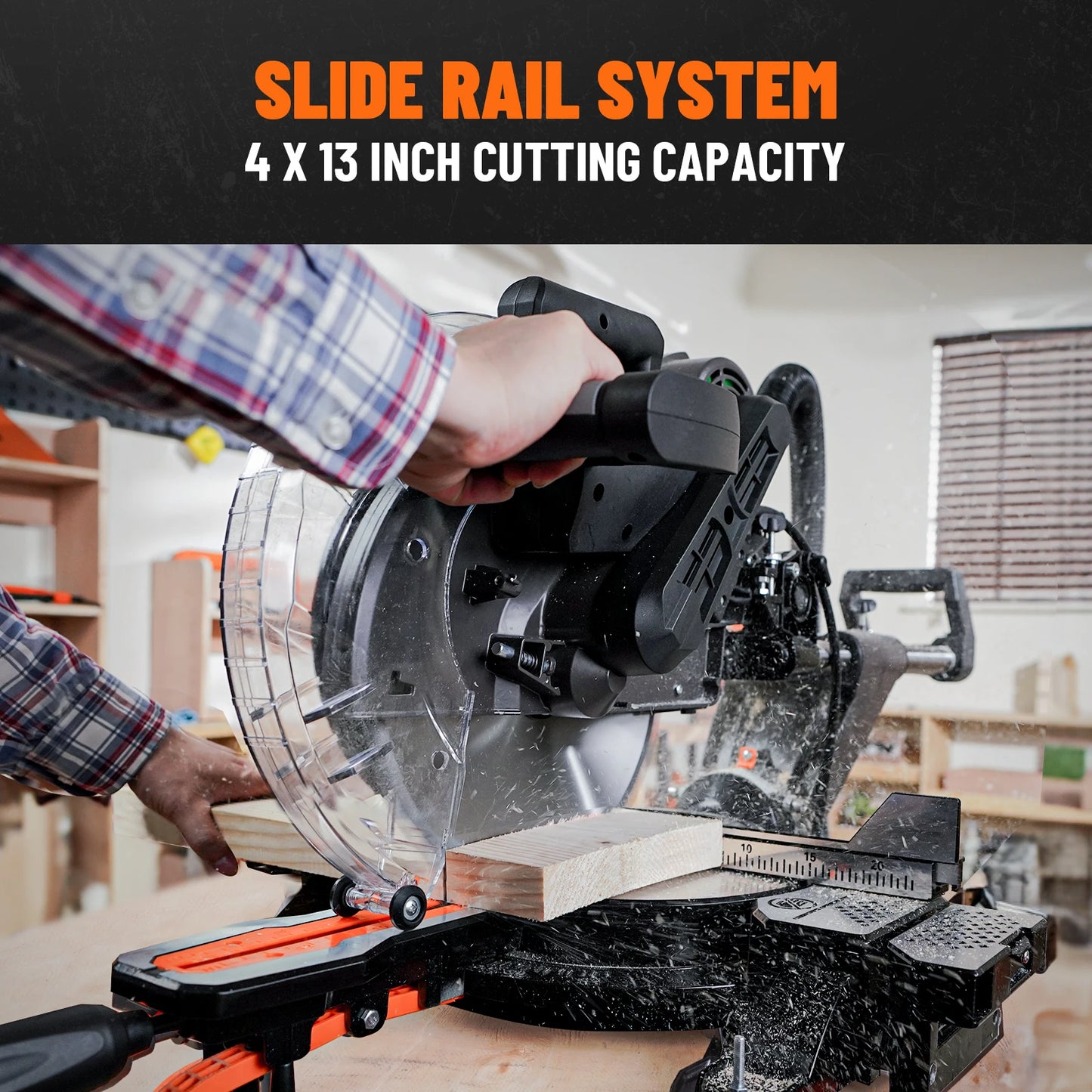 12-In Dual-Bevel Sliding Miter Saw, 3800RPM, 4.2x13in Cut, Laser Guide, 0-45° Bevel/Miter, 9 Stops, 15A Corded