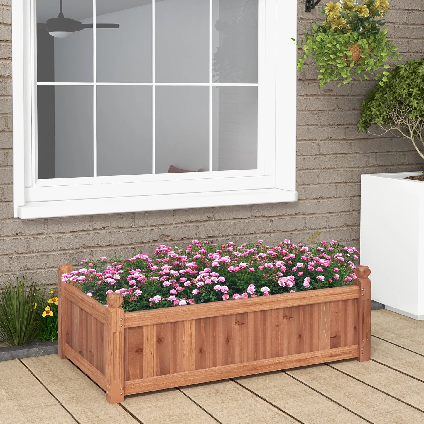 Wooden Raised Garden Bed Outdoor Rectangular Planter Box w/ Drainage Corners