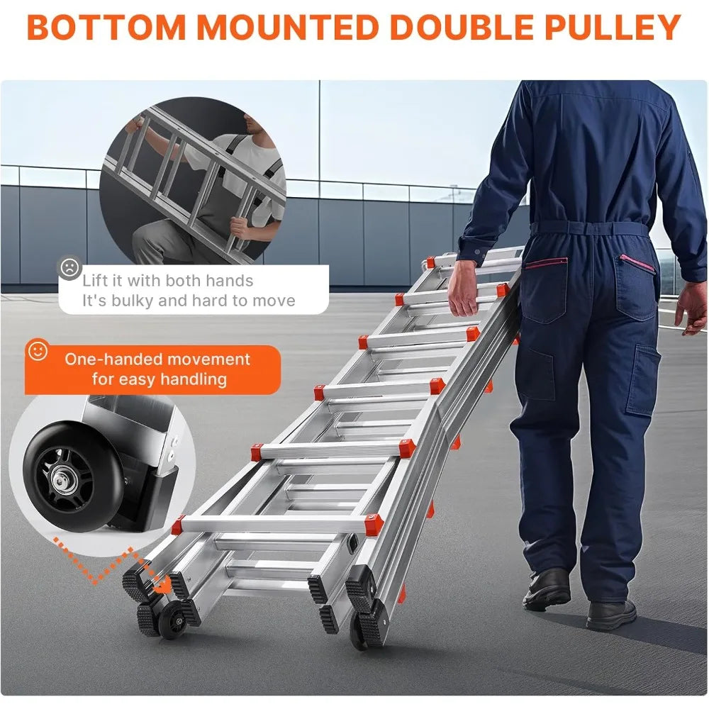 Telescoping A Frame Ladder, 20.5 FT Compact Aluminum Extension, Multi-Function Portable Collapsible RV, for Homework Stair