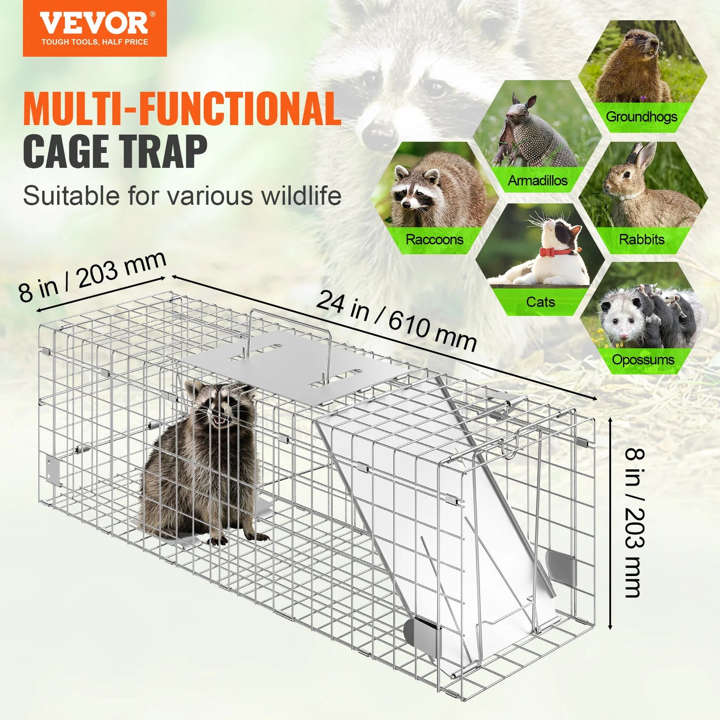 Live Animal Cage Trap Humane Cat Rodent Control Folding with Handle for Stray Cats Rabbits Squirrels Raccoons Groundhog