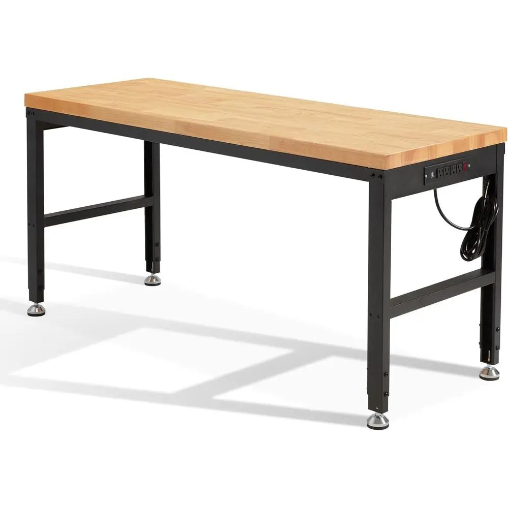 Height Adjustable Workbench 60" 2000 Lbs Capacity Solid Wood Work Station Heavy-Duty Work Tables with Power Outlets for Garage P