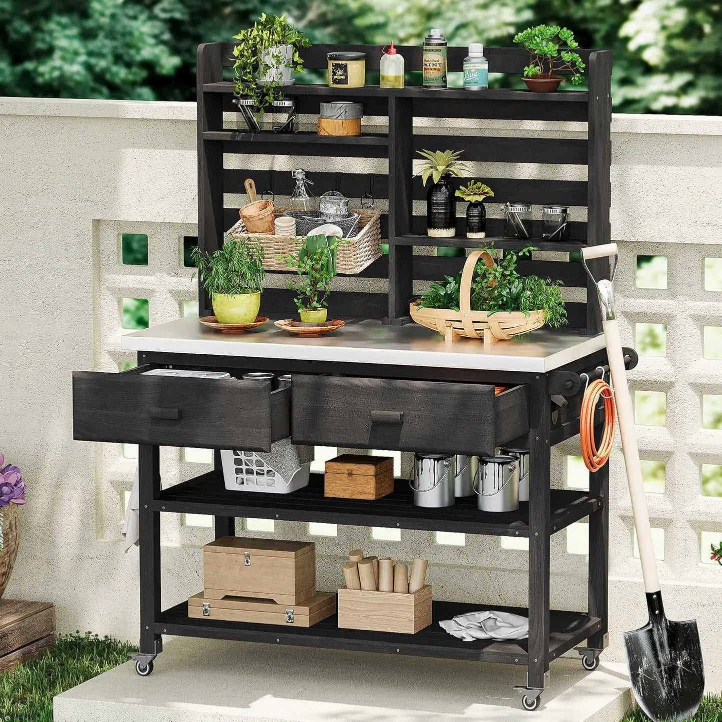 64.9"H Outdoor Potting Bench Table, Outdoor Wood Workstation Table with Lockable Wheels, Stainless Steel Top, Towel, Customized