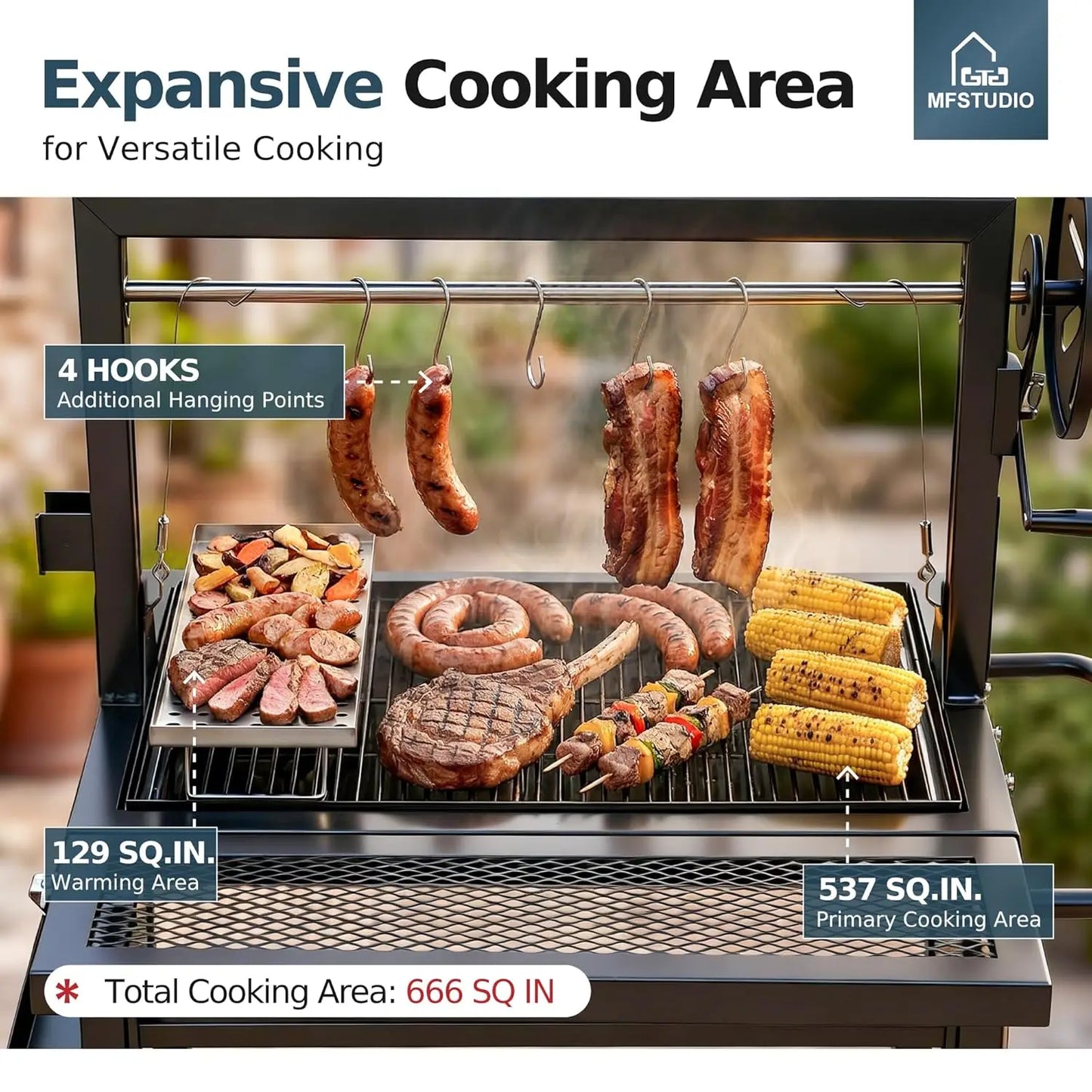Santa Maria Charcoal & Wood BBQ Grill Adjustable Height Dual Enameled Trays 666sq.in Backyard, Custom