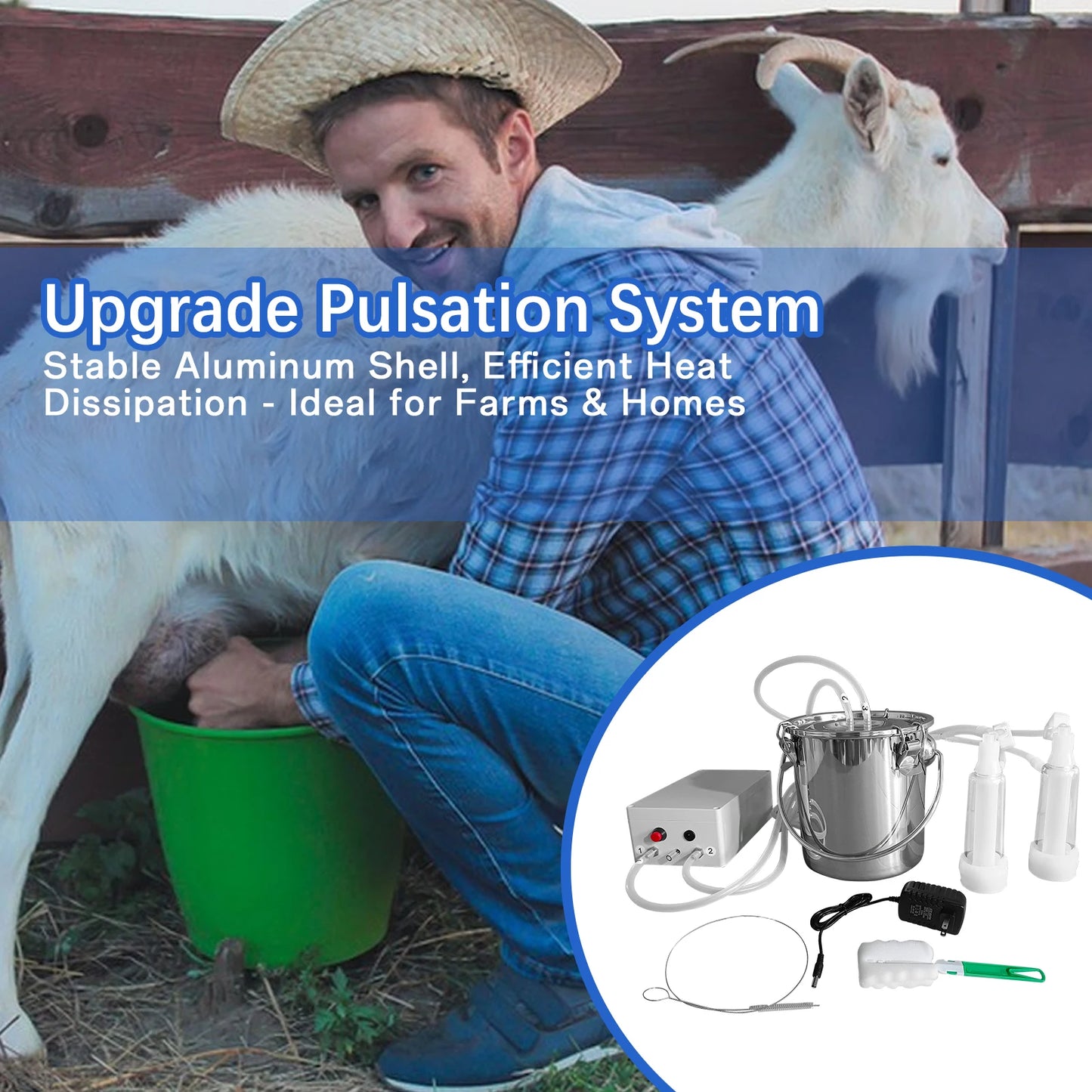Electric Goat Milker Machine with Speed Adjustable Pulsation, Portable 3L Bucket Vacuum Milker, Electric Pulsation Milking Machine with Teat Cups for Sheep, Dairy Goats and Small Farm Use